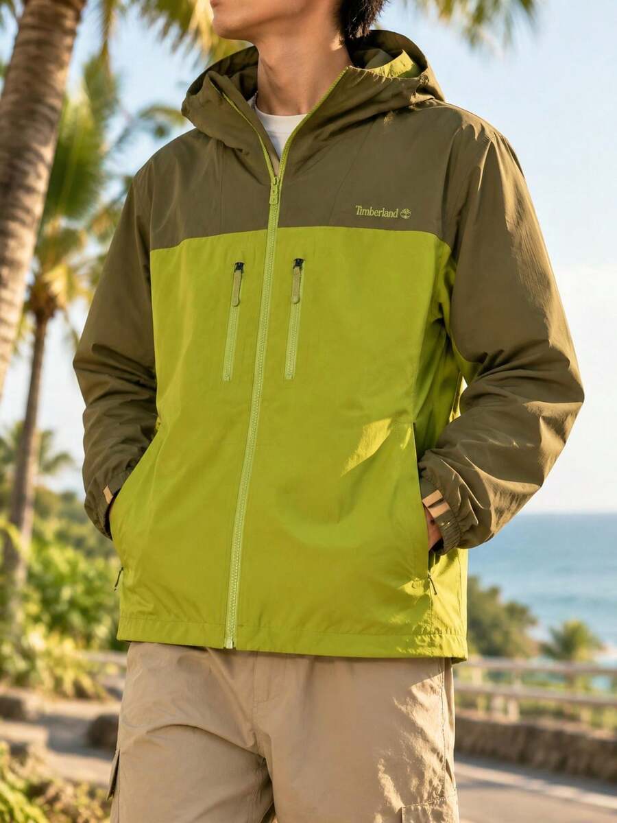 Timberland Men's Soft Woven Hooded Jacket, Comfortable Minimalist Outdoor Sports Daily Commute Wear Jacket A41SFEID - Khaki/Yellow-green - View 1