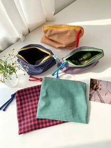 Personalized Embroidered Plaid Makeup Bag, Customized Name Colorblock Makeup Storage Bag With Zipper, Plaid Travel Toiletry Bag, Toiletry Bag, Bridesmaid Gift, Birthday Gift - Multicolor - View 3