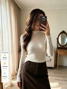 SUNSTORY Women's Autumn Beige Polka Dot Frill Trim Mock Neck Slim Fit Long Sleeve Mesh Top, Suitable For Commuting, Dating, Daily Outings, Party Occasions - White - View 1