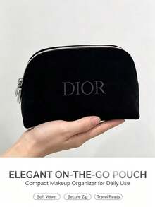DIOR Luxury Black Velvet Shell Makeup Bag, Exquisite Embroidered Letter Logo, Curved Large Opening Zipper Design, Large Capacity Portable Cosmetic Storage Pouch, Home Vanity Organizer, Travel Skincare Storage, Premium Gift Makeup Bag For Women - Black Velvet Shell Makeup Bag - View 3
