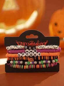 6pcs/Set European Gothic Style Colorful Soft Clay Multi-Layer Stackable Bracelets, Heart Letter Pumpkin Element Wristbands, Couple Holiday Photo Accessories, Autumn/Winter Atmosphere Small Gifts - Multicolor - View 8