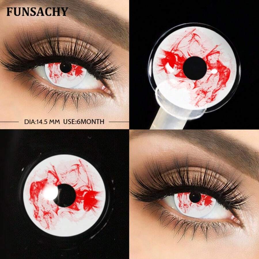 FUNSACHY زوج واحد من عدسات الاتصال الملونة لعيد الهالوين/الأنمي/التنكر السينمائي - متوفرة بالأبيض والأحمر والأسود والمصاص الدماء وأنماط أخرى
