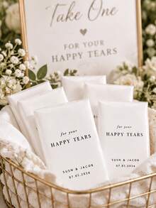 Customizable Couple Name Happy Tears Wedding Tissues, Elegant Minimalist White Mini Pocket Tissue Box, Personalized Wedding Date Printed Travel Pack Tissues, Bulk Wedding Guest Favors Table Decor Keepsake Gifts - Multicolor - View 7