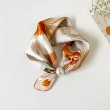 1pc Premium Large Pearl (2.5cm Diameter) Magnetic Buckle Scarf Necklace, Neck Ring Scarf Slouchy Necklace Style Printed Silk Scarf, Lightweight Versatile Accessory For Spring And Summer - Multicolor - View 1