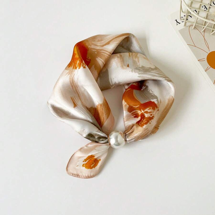 1pc Premium Large Pearl (2.5cm Diameter) Magnetic Buckle Scarf Necklace, Neck Ring Scarf Slouchy Necklace Style Printed Silk Scarf, Lightweight Versatile Accessory For Spring And Summer - Multicolor - View 1
