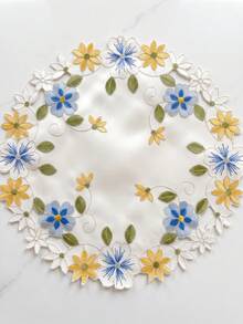 1件圓形花卉刺繡餐墊，藍色/粉色鏤空花朵刺繡桌墊，適用於婚禮、派對、餐桌與家居裝飾 - 藍色 - 查看 3