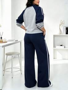 Women's Fashion 2 Pieces Sportswear Set, Includes Full Zip Jacket And Wide Leg Pants, Suitable For Casual Wear - Gray + Navy - View 4