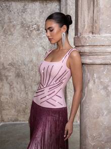 Modphy New Women's Sexy Square Neck Sleeveless Backless Heavy Embellished Rhinestone Fringe Bandage Long Dress, Wedding Party Formal Evening Gown - Pink - View 3