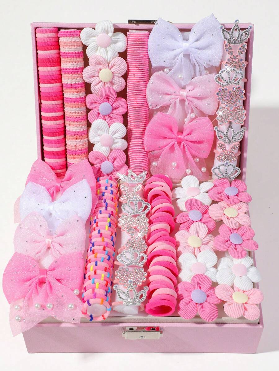 151pcs Girls Pink Hair Accessories Set, Fabric Flower/Mesh Bow ...