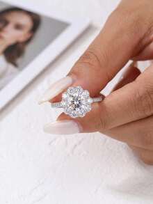 1pc Moissanite Ring Romantic 1CT Round Sunflower Halo Ring Perfect For Women's Parties And Daily Wear - Round Moissanite Ring-1ct - View 3