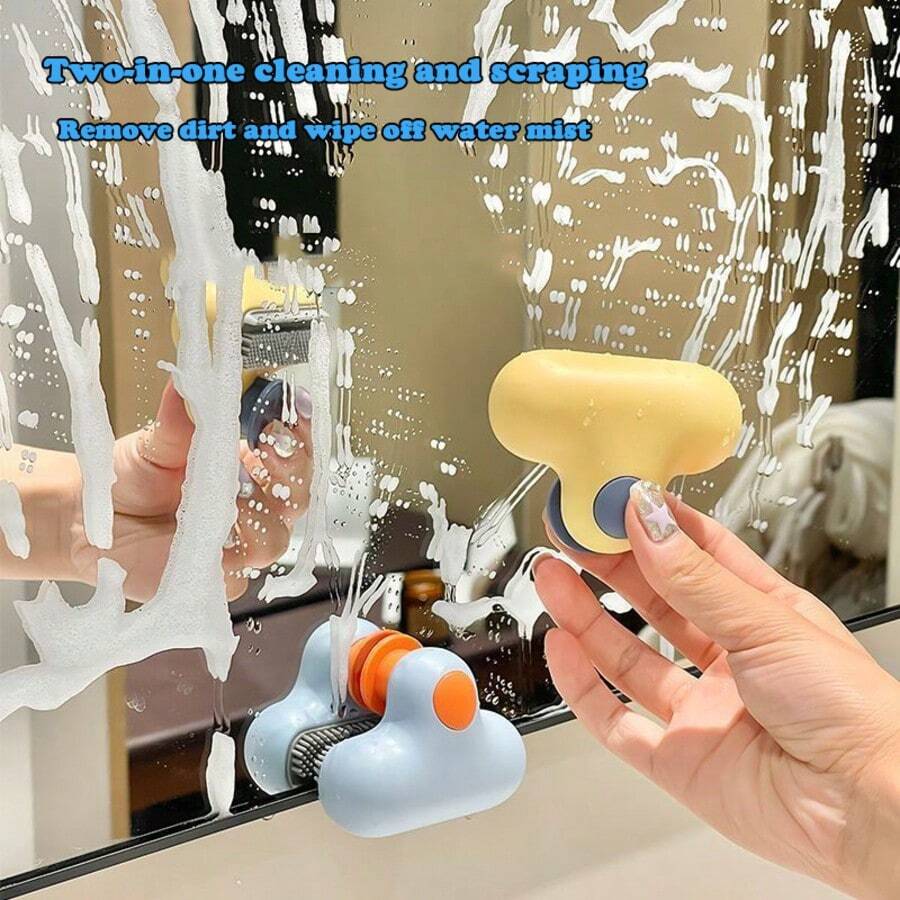 2合1迷你鏡子刮水器附清潔刷，浴室與車窗刷，壁掛式化妝鏡與淋浴玻璃除霧器，便攜式玻璃刮刀