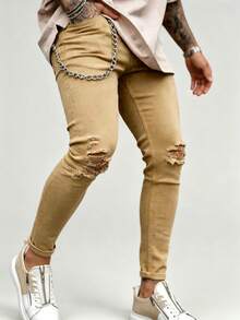 Men's Fashion American Casual Slim Fit Stretch Ankle Length Tapered Jeans - Khaki - View 1