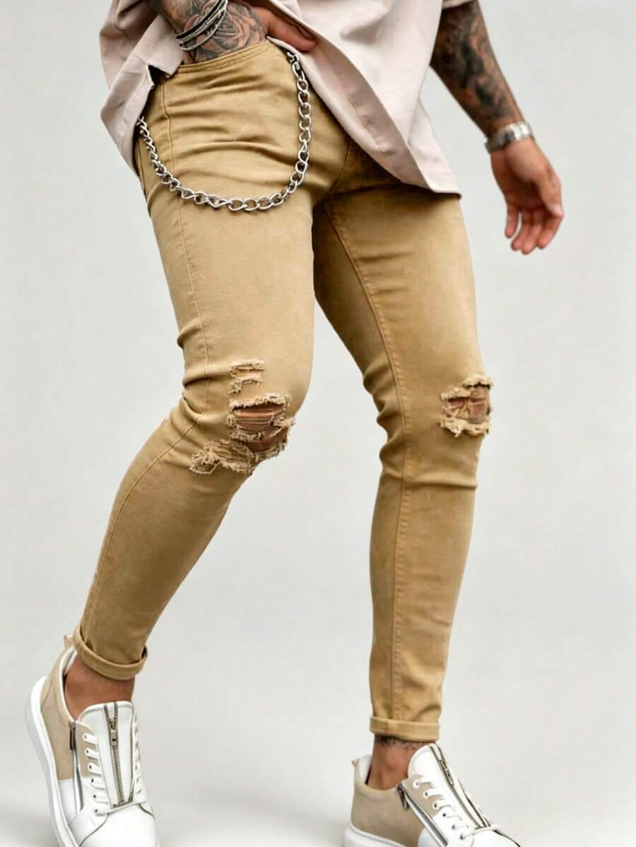 Men's Fashion American Casual Slim Fit Stretch Ankle Length Tapered Jeans - Khaki - View 1