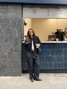 Sookaug 女款極簡休閒百搭日常深灰色高領夾克，新款寬鬆顯瘦優雅長袖上衣，羅紋針織雙拉鍊翻領長袖開襟衫，秋冬常規針織夾克 - 寶藍色 - 查看 3
