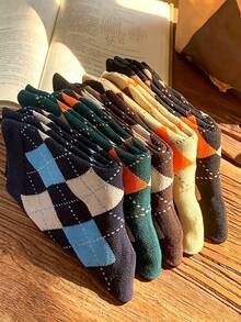 5 Pairs Women Rhombus Plaid Knitted Socks, Leg Slimming Retro Collegiate Style Mid-Calf Socks For Everyday Wear, Cozy - Multicolor - View 5