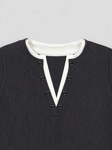Women's Early Autumn 2-In-1 Colorblock White Trim V-Neck Fitted Y2K Style Basic Long Sleeve Knit Undershirt Black - Black - View 8