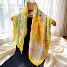 1件女款仿絲綢圍巾，裝飾性頸巾，百搭印花絲巾，可作頭巾、領結巾，適合日常使用，70cm正方形 - 藏蓝色 - 查看 6