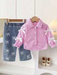 Bộ đồ bé gái thu đông họa tiết nơ, áo blouse nơ ruy băng sọc hồng và quần denim wash họa tiết nơ, phong cách thường ngày đi làm/đi chơi đa năng - Hồng - Xem 1