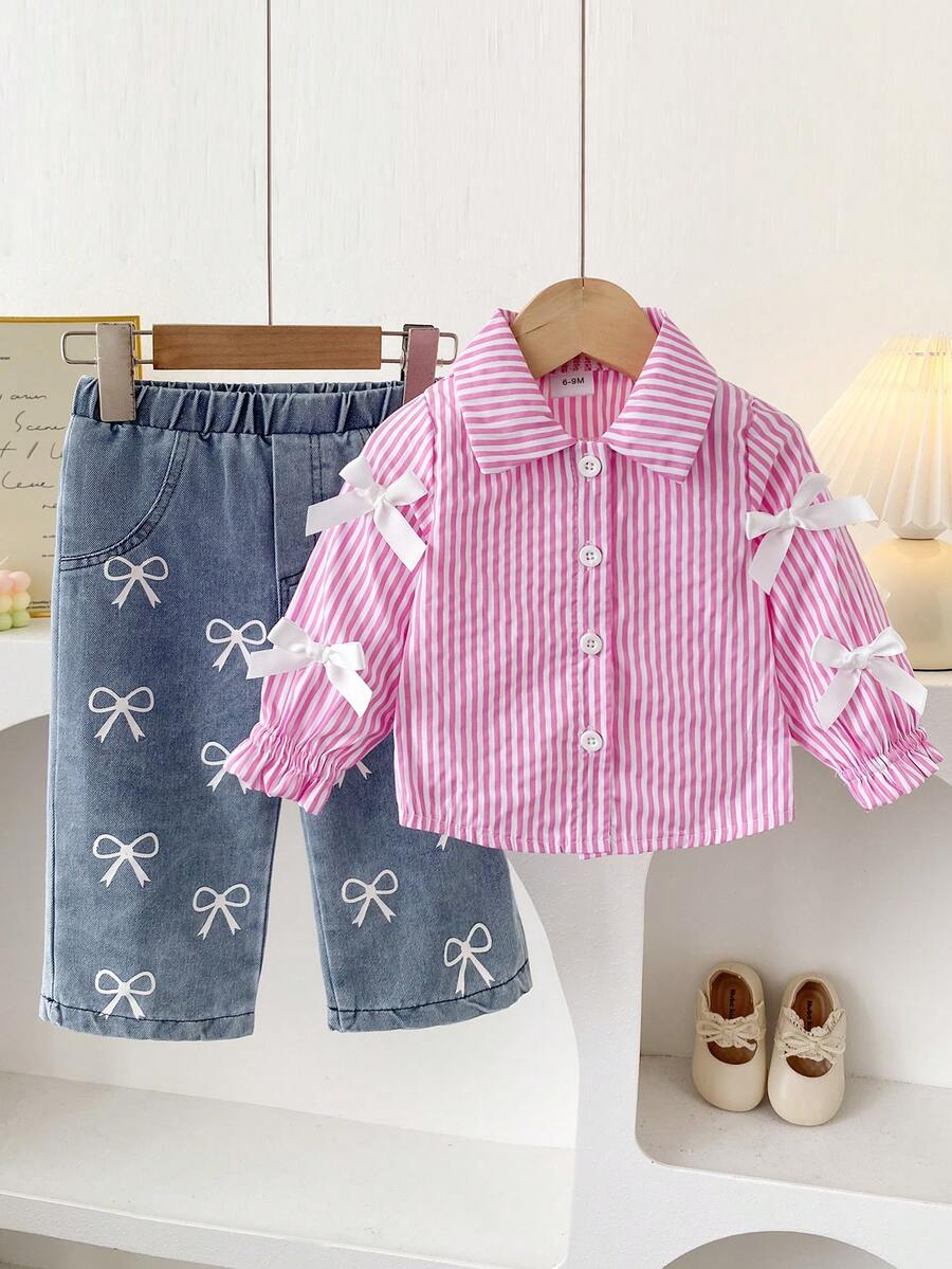 Bộ đồ bé gái thu đông họa tiết nơ, áo blouse nơ ruy băng sọc hồng và quần denim wash họa tiết nơ, phong cách thường ngày đi làm/đi chơi đa năng - Hồng - Xem 1