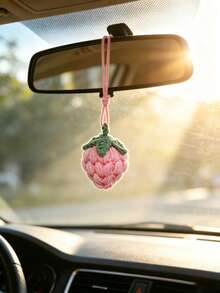 1pc Handmade Woven Strawberry Car Rearview Mirror Hanging Decoration, Car Interior Decor Accessory, Vehicle Decorative Accessory - A - View 4