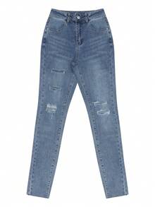 Women's Blue Skinny Jeans, Stretchy Distressed Sexy Ripped Denim, Y2K Retro Casual Style, Autumn/Winter - Blue - View 6