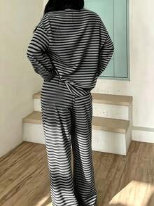 2pcs Women's Solid Color Minimalist Striped Pajama Set, With Dual Pockets, Drawstring Long Pants And Contrast Color Crew Neck Top - Dark Grey - View 5