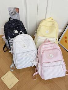Sweet Polka Dot Stripe Lace Backpack, Cute Girl Large Capacity Student School Bag, Multi-Compartment Backpack For Elementary, Middle And High School Students, Children Daily Commute, Travel, Shopping, Campus Casual Backpack, Girls Rabbit Embroidery Star Pendant, Academy Style Multiple Colors Available - A - View 7