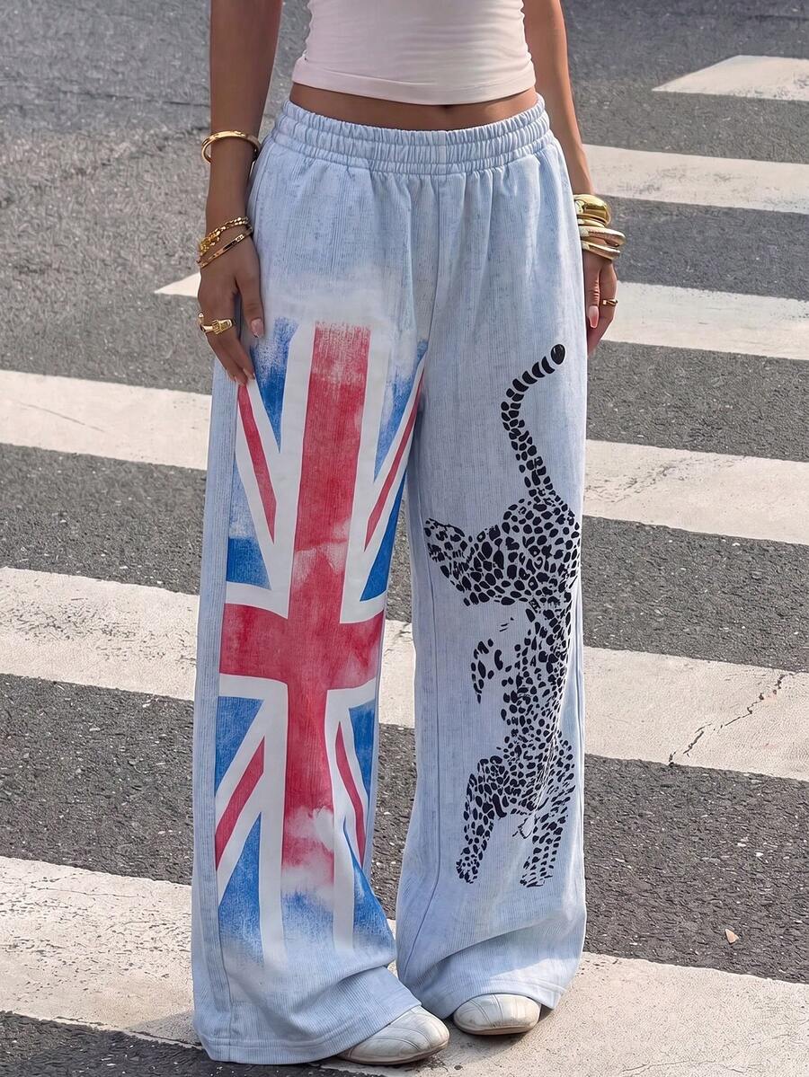 1件女款復古旗幟與貓咪印花抽繩寬腿長褲,Y2K街頭風寬鬆長褲,適合日常通勤 - 藍色 - 查看 1