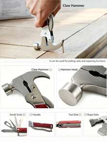 1 Pc Multi‑Function Folding Claw Hammer Multi‑Tool, Anti‑Rust Impact‑Resistant Safety Lock Portable Utility Pliers,Survival Tool For Camping Car Emergency Home Repair, Silver‑Red Wood Grain Integrated Hammer‑Plier Shape With Nail Puller & Gear Jaw - A - View 3