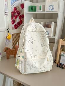 Star Print Nylon Backpack For Girls, Large Capacity Student School Bag With Multiple Compartments, Suitable For Elementary, Middle And High School Students, Commuting, Travel, Shopping, Campus Casual, Cute Backpack With Cute Pendant, Multiple Colors Available - A - View 13