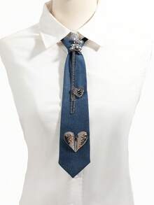 1pc Washed Denim Bear Heart Chain Design Sweet And Cool Preppy Style Shirt Decoration For Women's Ties - Multicolor - View 3