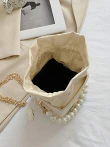 Mini Geometric Pattern Drawstring Design Faux Pearl Decor Bucket Bag, Faux Pearl Bag - White - View 3
