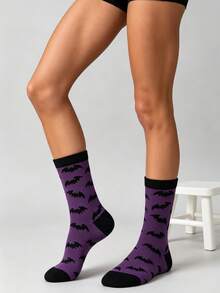 1/5 Pairs Black White Red Gray Halloween Men Women Couple Contrast Color Bat Pattern Mid-Calf Socks - Multicolor - View 7
