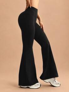 Women's Solid Color High Waist Casual Fitness Sports Flare Pants, Black - Black - View 3