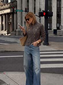 Women's Stand Collar Double Breasted Jacket, Shoulder Epaulette Decor Long Sleeve Slim Fit Vintage Coat - Brown - View 5