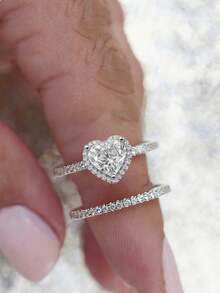 CVNANA 2 piezas Juego de anillos de circonita cúbica de lujo, anillos de compromiso/boda/promesa/eternidad ovalados brillantes, joyería exquisita, regalos para el Día de San Valentín, el Día - Plata en forma de corazón - Ver 1