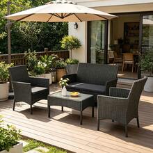 Four-Seater Rattan Garden Furniture Set, Polyester Rattan Gazebo Furniture With Galvanized Steel Frame And Tempered Glass Table For Patios, Balconies, Gardens, Poolside And Conservatories - 4-seater - View 6