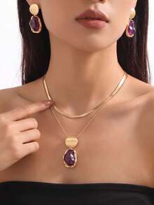 Conjunto de joyería versátil para mujer con collar y pendientes, 2 piezas, colgante de disco redondo cepillado con textura ámbar asimétrica, para uso diario, ir al trabajo, citas, fiestas y reuniones - traje - Ver 5