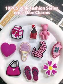 10PCS Pink Fashion Shoe Charms, Assorted Pink Patterns, Easy To Install & Remove, Create Unique Outfits, Perfect For Personal Use & Gifting - Pink - View 1