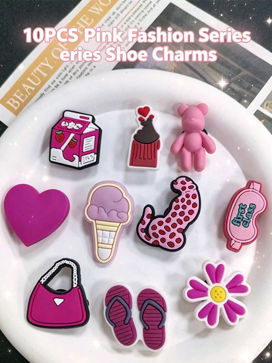 10PCS Pink Fashion Shoe Charms, Assorted Pink Patterns, Easy To Install & Remove, Create Unique Outfits, Perfect For Personal Use & Gifting - Pink - View 1