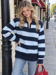 Women's Autumn/Winter Striped Turn Collar Knit Sweater, Minimalist Pullover Top, Casual Versatile Style - Blue - View 5