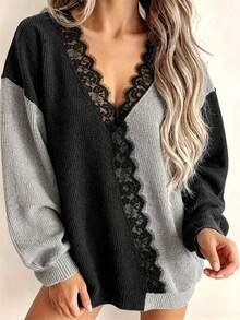 Plus Size Casual Fashion Contrast Color Lace Patchwork V-Neck Long Sleeve Knit Pullover Sweater - Dark Gray - View 3