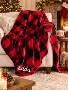 1PC Custom Embroidered Christmas Tartan Plaid Throw Blanket, Personalized Custom Name Blanket With Scottish Check Pattern, Single Layer Build, 2 Style Options, Decorative Blanket For Sofa And Bed, Ideal Holiday Gift - Multicolor - View 2