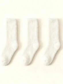 5 Pairs Solid Color Faux Fur Warm Cozy Mid-Calf Socks For Women, Autumn/Winter - White - View 6