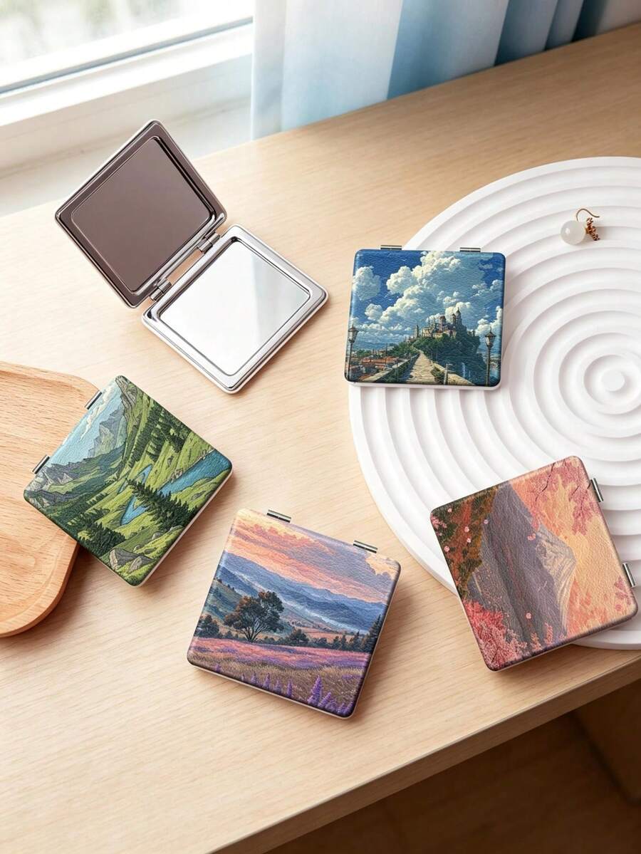 1pc Ins Landscape Series Folding Makeup Mirror, Lightweight Ultra-Thin Portable Durable PU Leather, Suitable For Various Occasions Travel Party Work School, Fits All Ages Universal - Multicolor - View 1