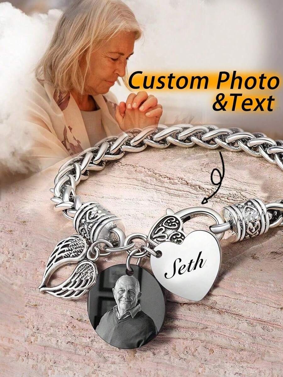 1pc Customized Photo Memorial Bracelet, Personalized Photo Bracelet, Memorial Gift For Loved Ones, Condolence Gift, Adjustable Bracelet, Photo Style Condolence Gift, Angel Wings Memorial Jewelry - Silver - View 1
