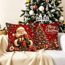 4pcs Red Background Christmas Snowman Reindeer Santa Claus Gift Christmas Tree Print Pattern Pillow Covers, Single-Sided 2D Flat Printing Process, 45x45cm (18x18in), Soft Comfortable Polyester Cushion Covers, Zipper Closure Machine Washable, Suitable For Living Room Bedroom Winter Holiday Home Decor (Pillow Covers Only, Pillow Insert Not Included) - Multicolor - View 5