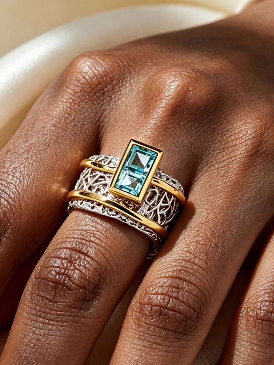 1pc Luxury Dual-Tone 14K Gold Plated Aquamarine Couple Ring, Geometric Rectangular Wide Band Index Finger Ring For Women And Men, Party Gift Jewelry - White and Yellow - View 1