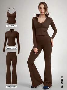 NcmRyu Women's 3 Pieces Set Solid Color Seamless Halter Adjustable Strap Tank Top Zipper Stand Collar Jacket Butt Lift Flare Pants Three Pieces Outfit - Mocha Brown - View 11