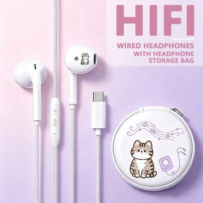 Portable Cute Cat Wired Earphones With Storage Bag, Microphone And Volume Control, Compatible With IPhone Series/ Series/Android Series/Kindle Series/Switch Series/ Series, Suitable For Music Listening/Sports/Video Conferencing/Calls/Gaming And More Scenarios, Wired Earphones